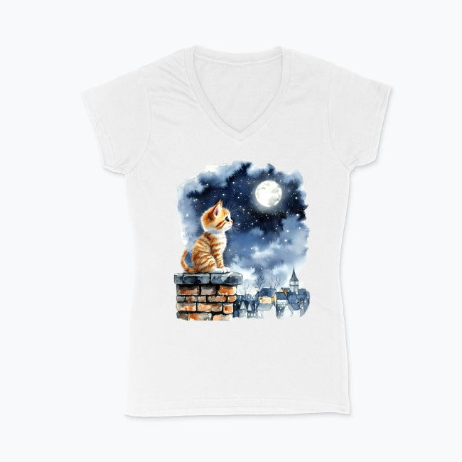 T-shirt damski V-neck - Kotek na kominie