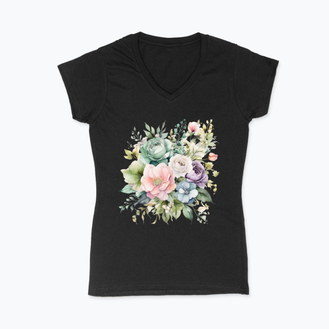 Koszulka damska V-neck - Pastelowe kwiaty