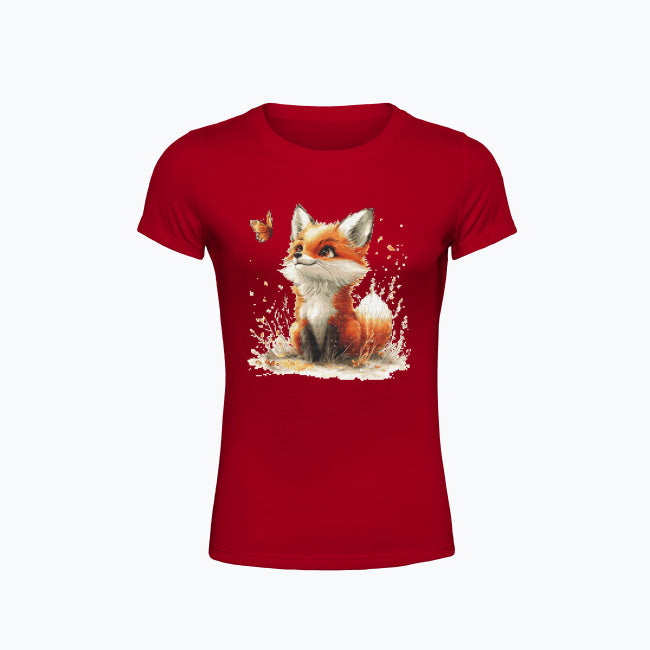 T-shirt damski z nadrukiem haftu - Lisek z motylkiem
