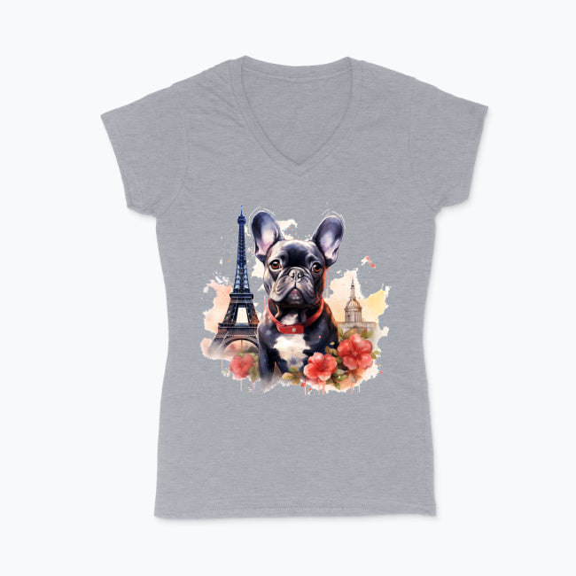 Koszulka damska V-neck - Buldog w Paryżu