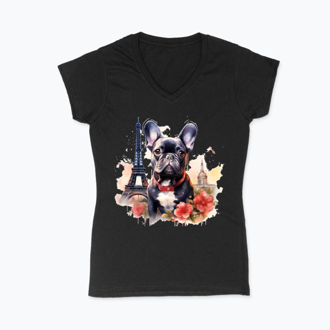 Koszulka damska V-neck - Buldog w Paryżu