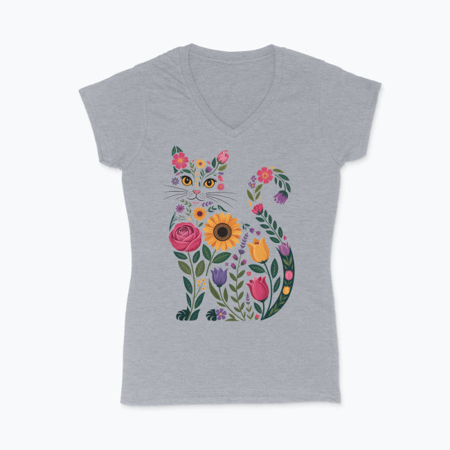Koszulka damska V-neck - Kwiatowy kot