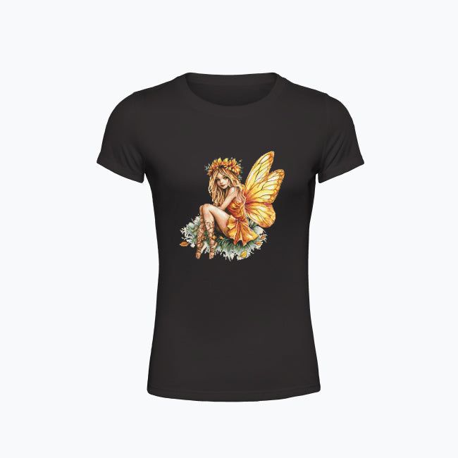 T-shirt damski z nadrukiem haftu - Pomarańczowa wróżka