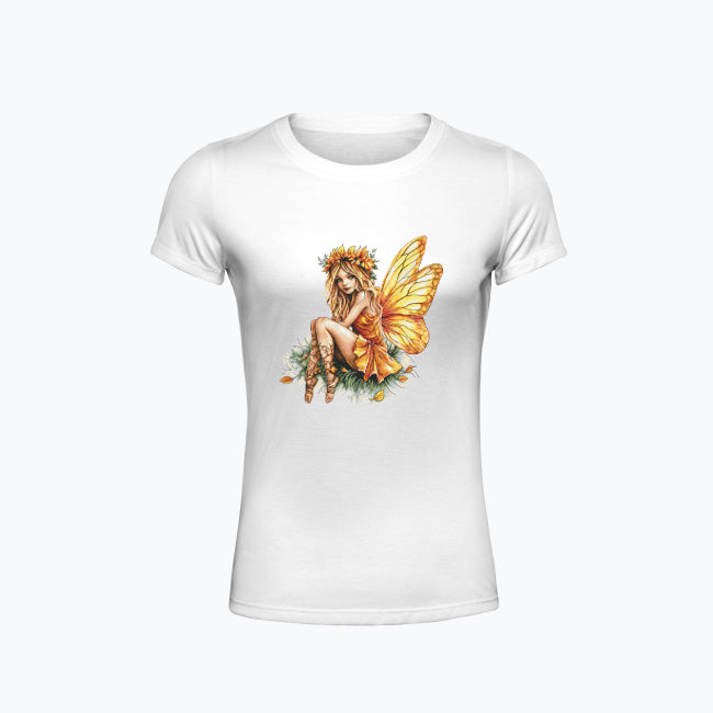 T-shirt damski z nadrukiem haftu - Pomarańczowa wróżka