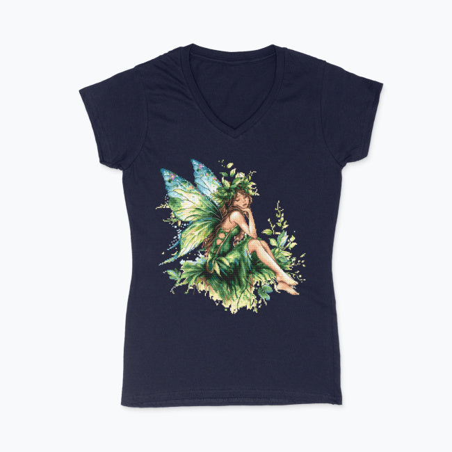 T-shirt damski V-neck z nadrukiem haftu - Zielona wróżka