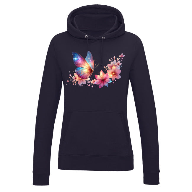 Damska bluza z kapturem - Motyl z kwiatami