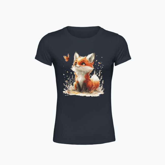 T-shirt damski z nadrukiem haftu - Lisek z motylkiem