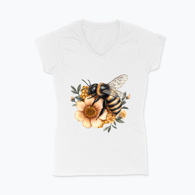 Koszulka damska V-neck - Kwiat z pszczołą