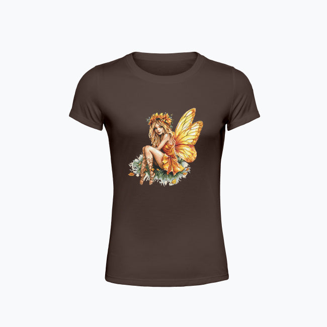 T-shirt damski z nadrukiem haftu - Pomarańczowa wróżka