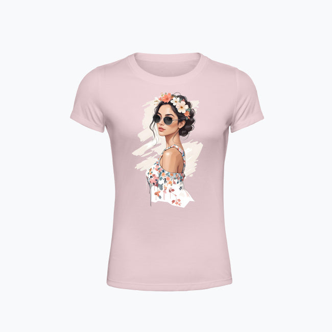 T-shirt damski z nadrukiem - Kobieta z wiankiem