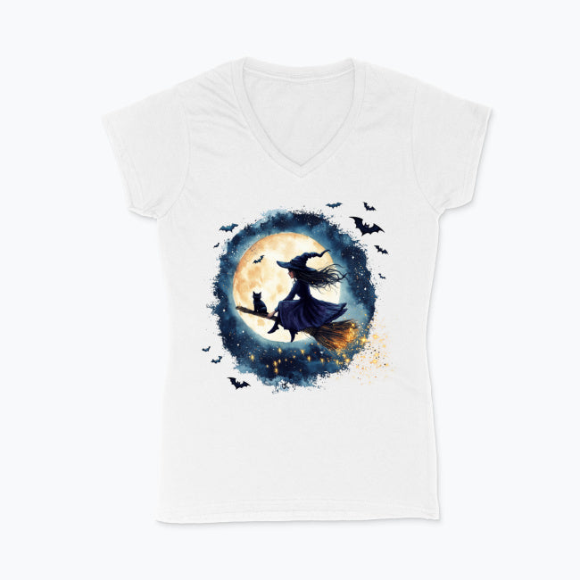 T-shirt damski V-neck - Czarownica i księżyc