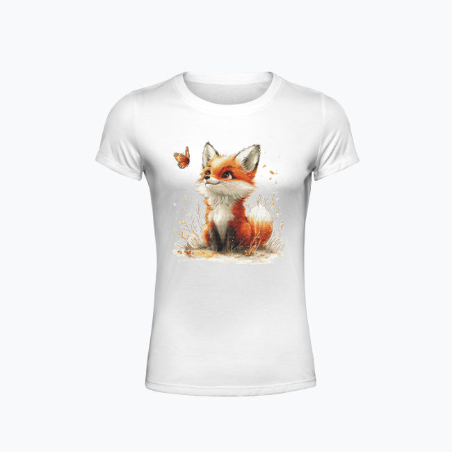 T-shirt damski z nadrukiem haftu - Lisek z motylkiem