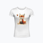 T-shirt damski z nadrukiem haftu - Lisek z motylkiem