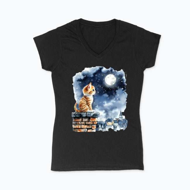 T-shirt damski V-neck - Kotek na kominie