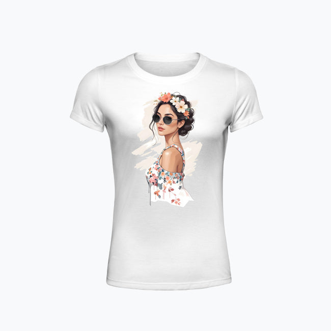 T-shirt damski z nadrukiem - Kobieta z wiankiem