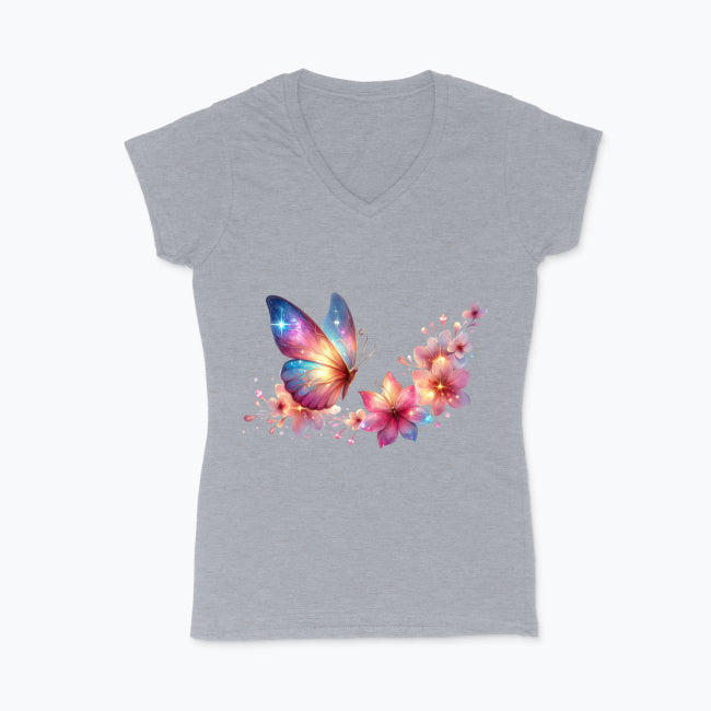 Koszulka damska V-neck - Motyl z kwiatami