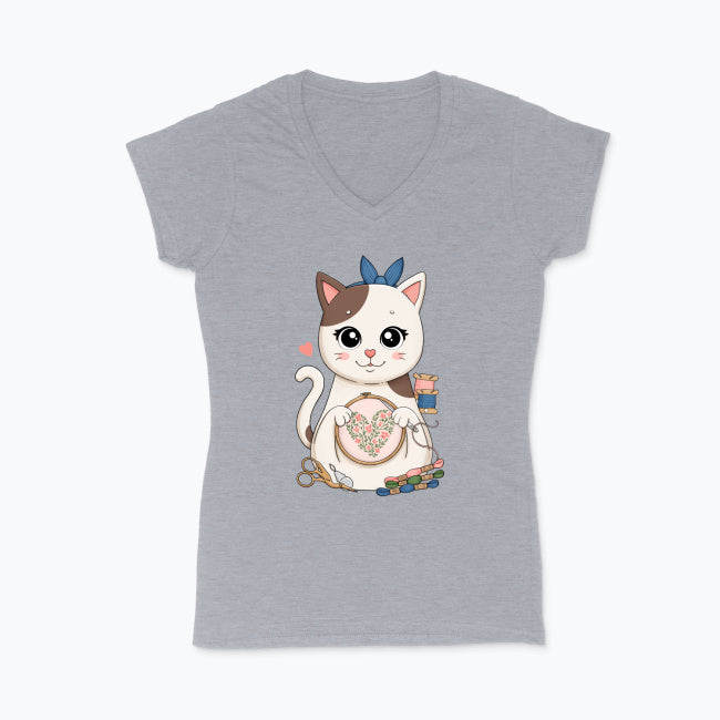 Koszulka damska V-neck - Haftujący kotek