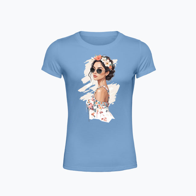 T-shirt damski z nadrukiem - Kobieta z wiankiem