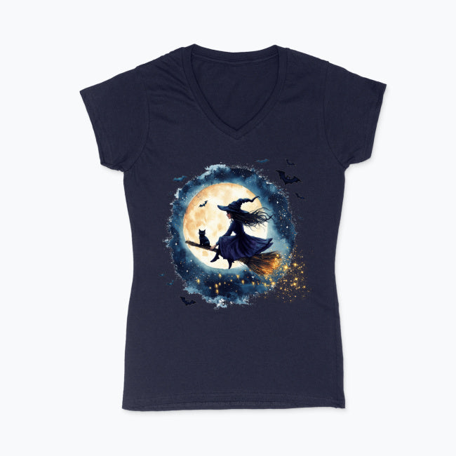 T-shirt damski V-neck - Czarownica i księżyc