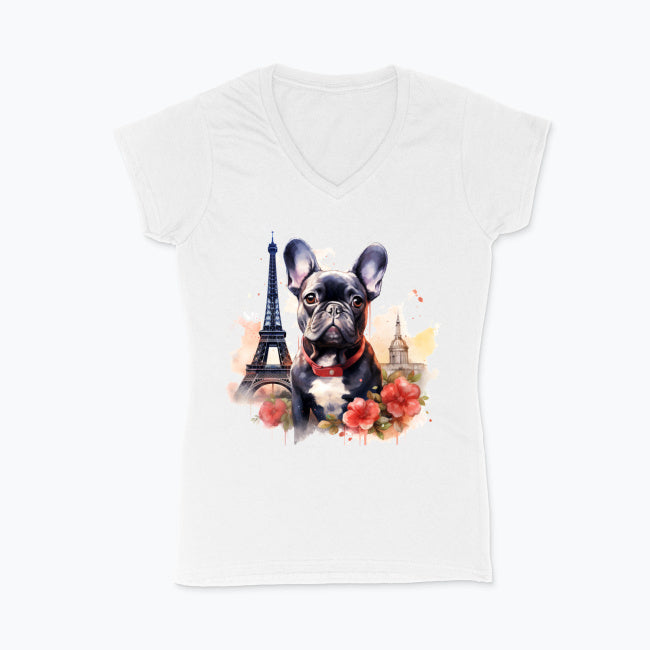 Koszulka damska V-neck - Buldog w Paryżu