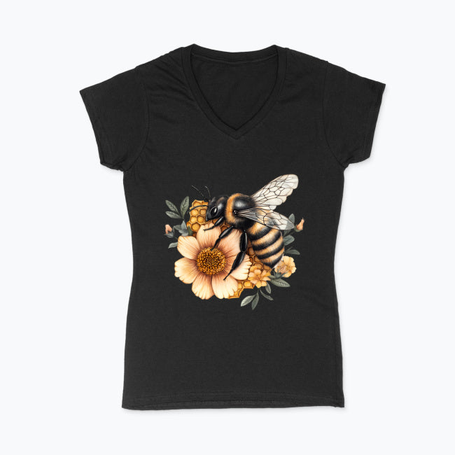 Koszulka damska V-neck - Kwiat z pszczołą