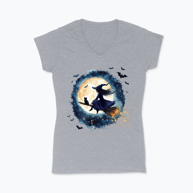 T-shirt damski V-neck - Czarownica i księżyc
