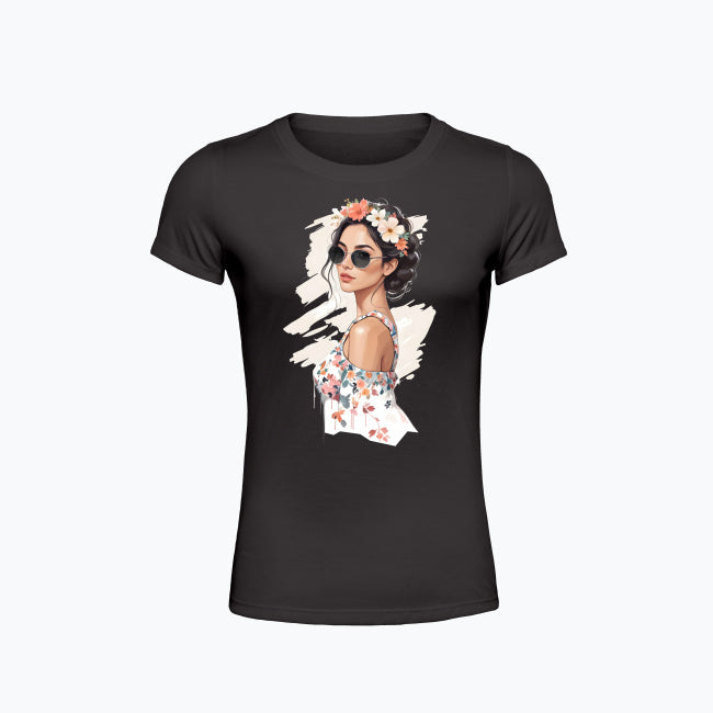 T-shirt damski z nadrukiem - Kobieta z wiankiem