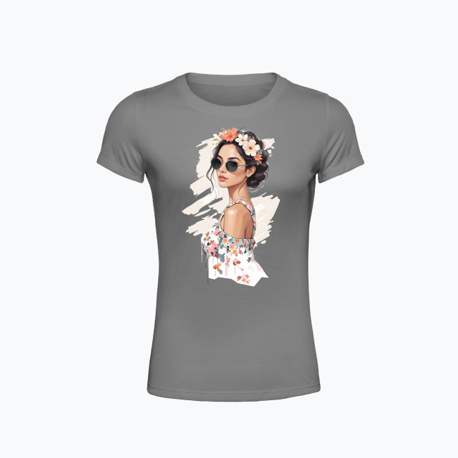 T-shirt damski z nadrukiem - Kobieta z wiankiem