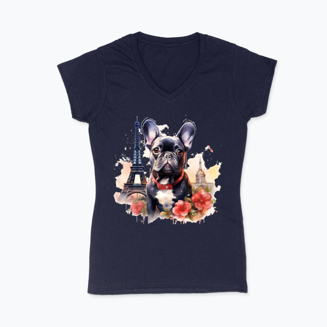 Koszulka damska V-neck - Buldog w Paryżu