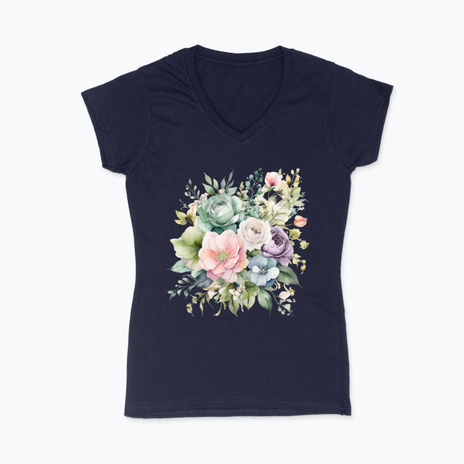 Koszulka damska V-neck - Pastelowe kwiaty