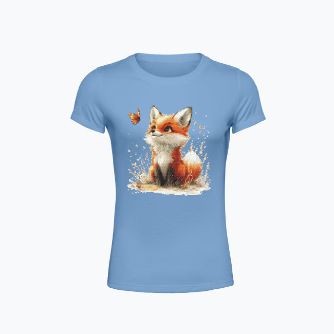 T-shirt damski z nadrukiem haftu - Lisek z motylkiem