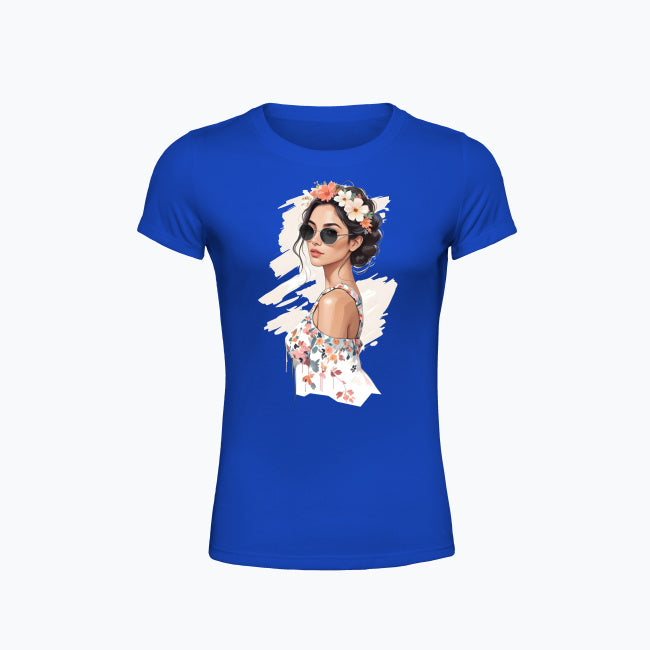 T-shirt damski z nadrukiem - Kobieta z wiankiem