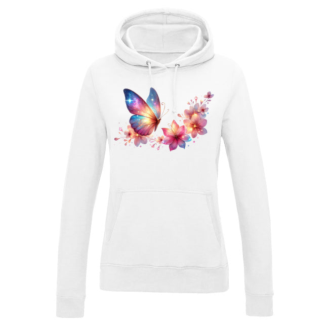Damska bluza z kapturem - Motyl z kwiatami