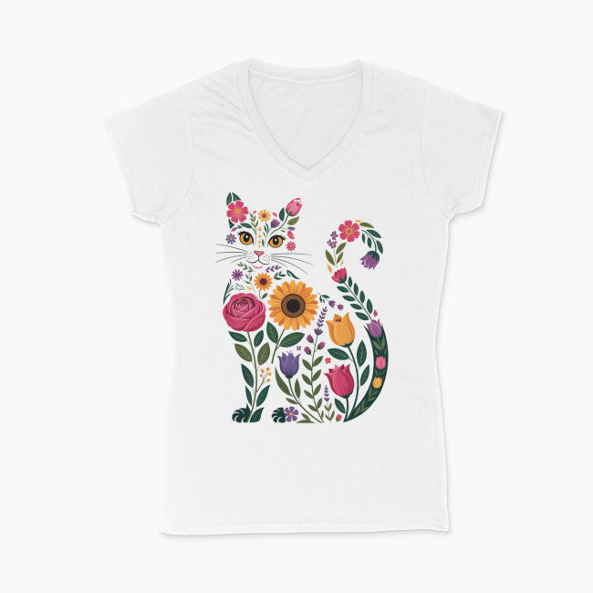 Koszulka damska V-neck - Kwiatowy kot