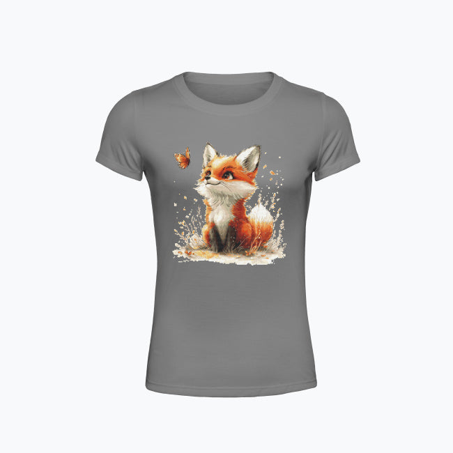 T-shirt damski z nadrukiem haftu - Lisek z motylkiem
