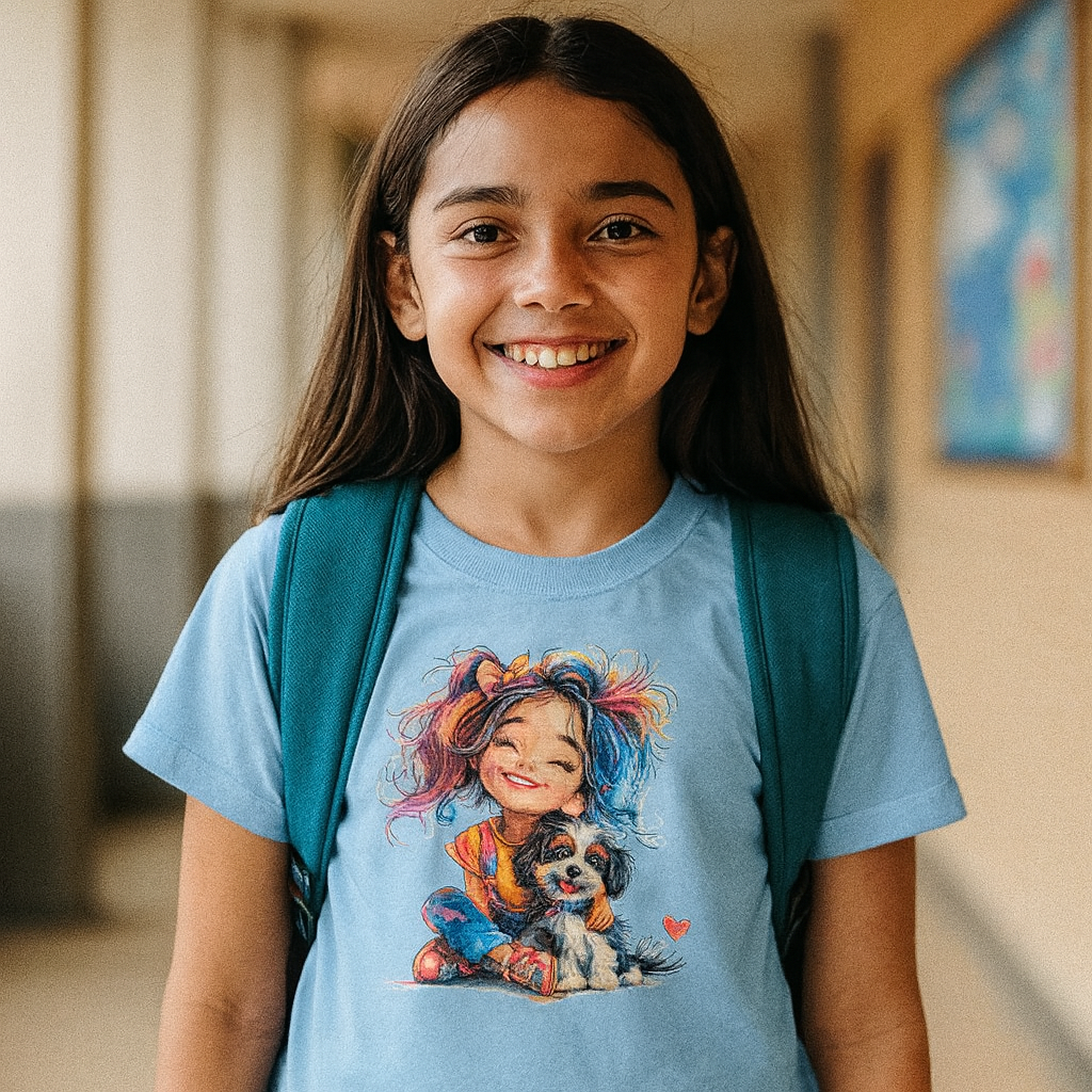 Koszulka dziecięca z nadrukiem haftu - Kolorowa dziewczynka