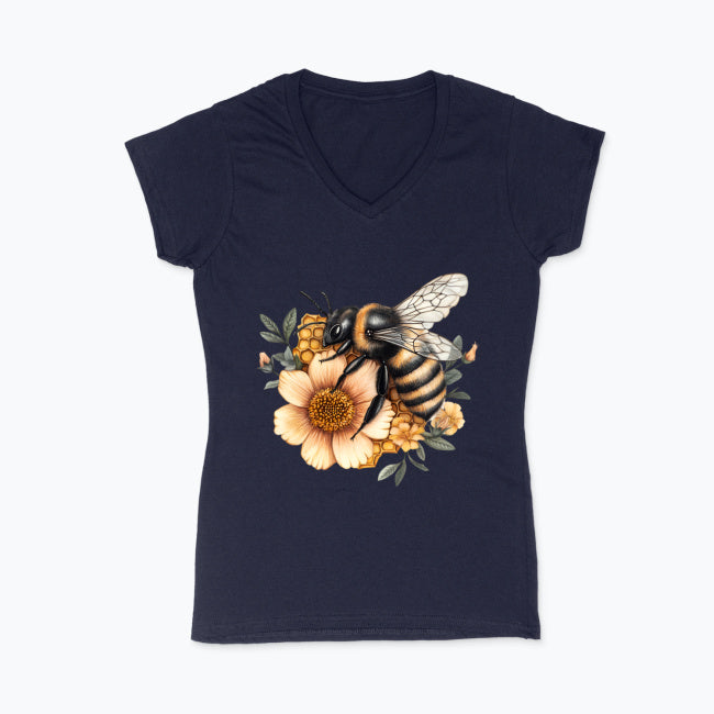 Koszulka damska V-neck - Kwiat z pszczołą