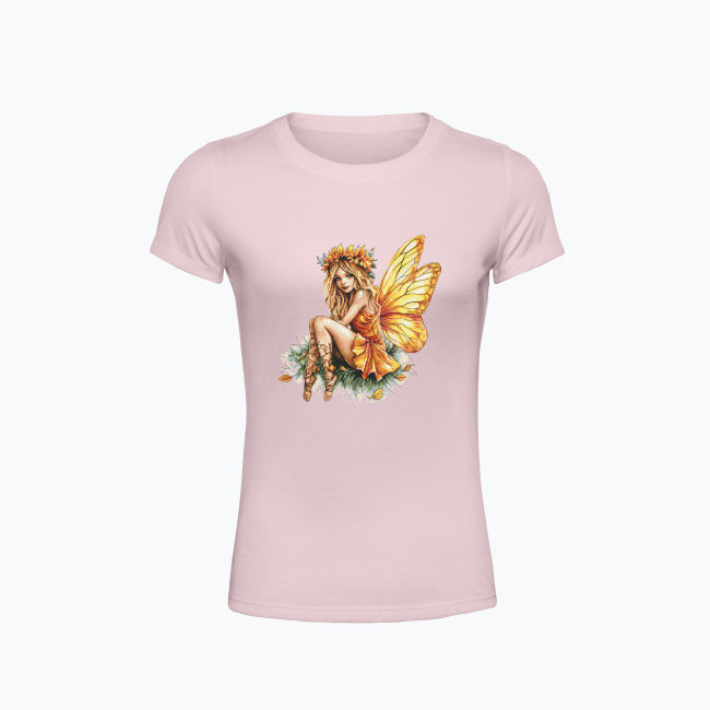 T-shirt damski z nadrukiem haftu - Pomarańczowa wróżka