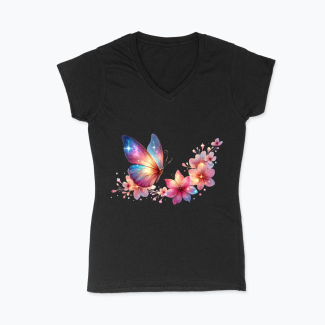 Koszulka damska V-neck - Motyl z kwiatami