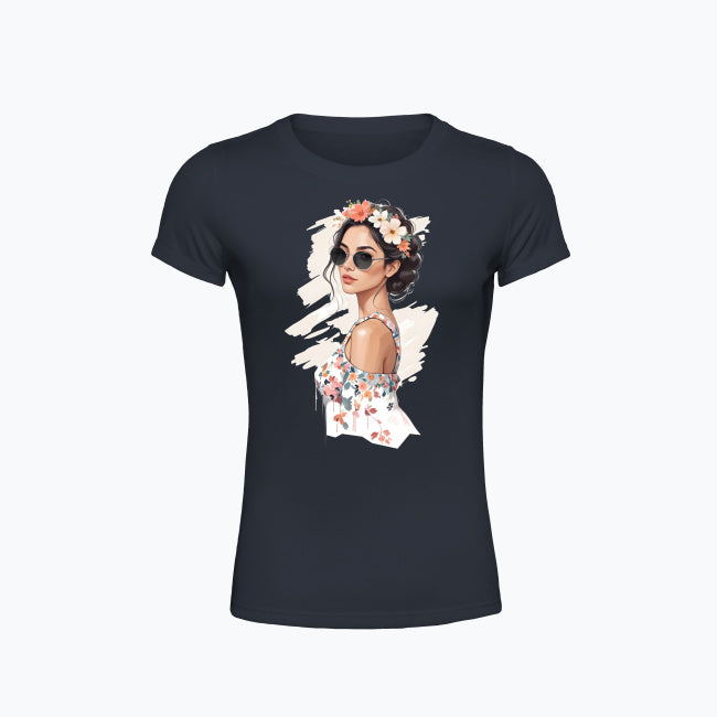 T-shirt damski z nadrukiem - Kobieta z wiankiem