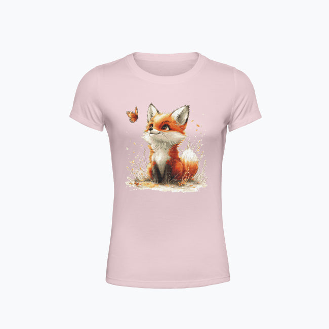 T-shirt damski z nadrukiem haftu - Lisek z motylkiem