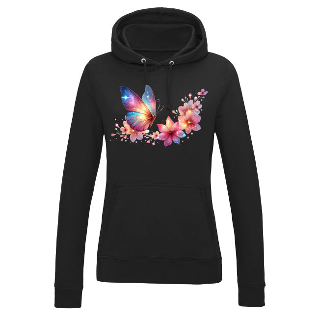 Damska bluza z kapturem - Motyl z kwiatami