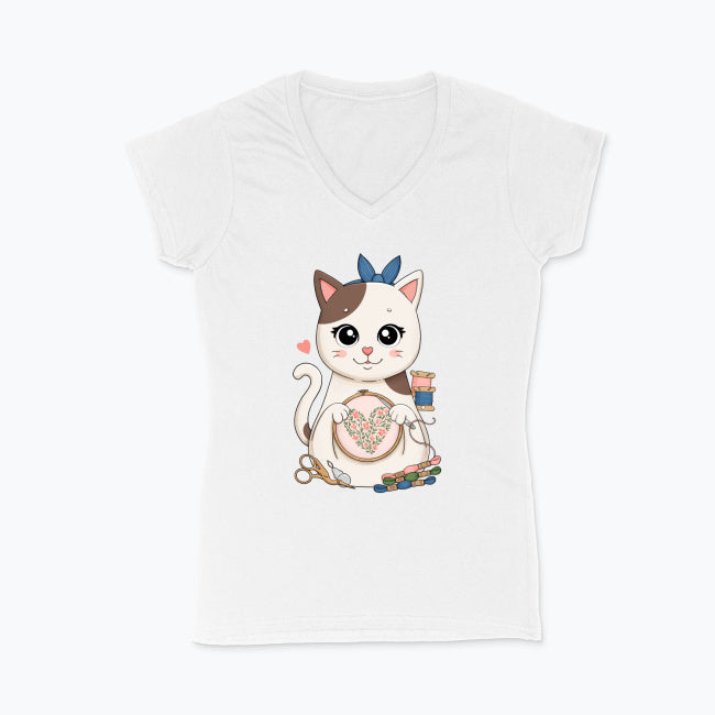 Koszulka damska V-neck - Haftujący kotek