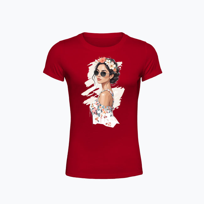 T-shirt damski z nadrukiem - Kobieta z wiankiem