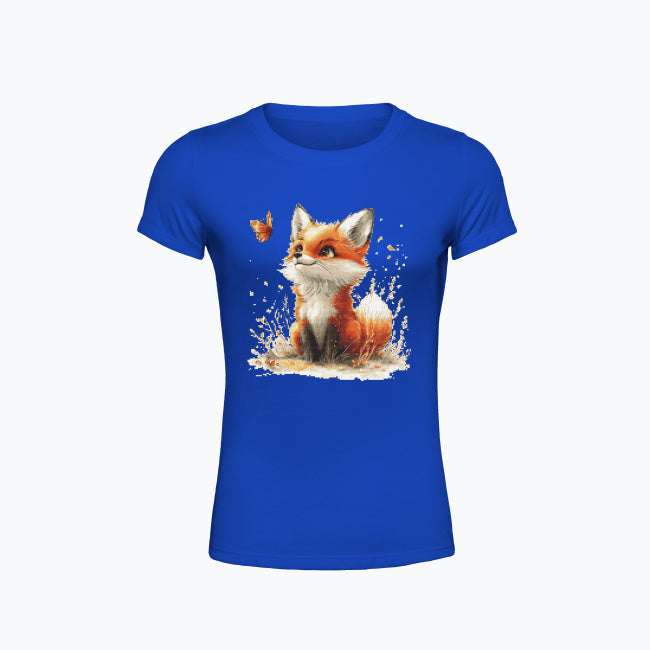 T-shirt damski z nadrukiem haftu - Lisek z motylkiem