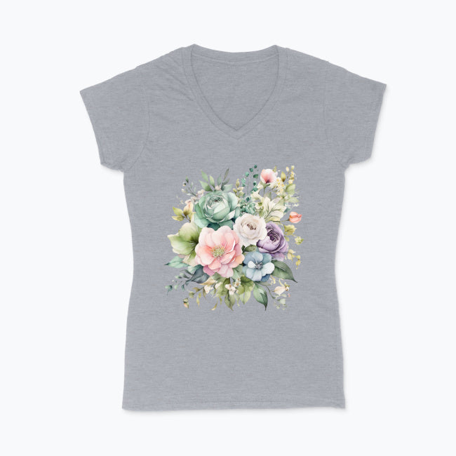 Koszulka damska V-neck - Pastelowe kwiaty