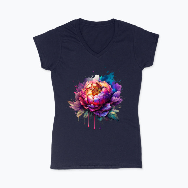 Koszulka damska V-neck z nadrukiem - Kwiat pełen kolorów