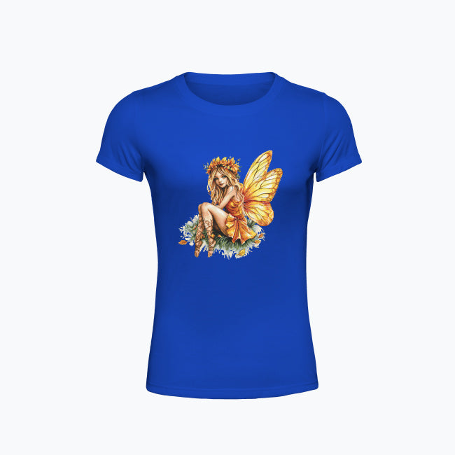 T-shirt damski z nadrukiem haftu - Pomarańczowa wróżka