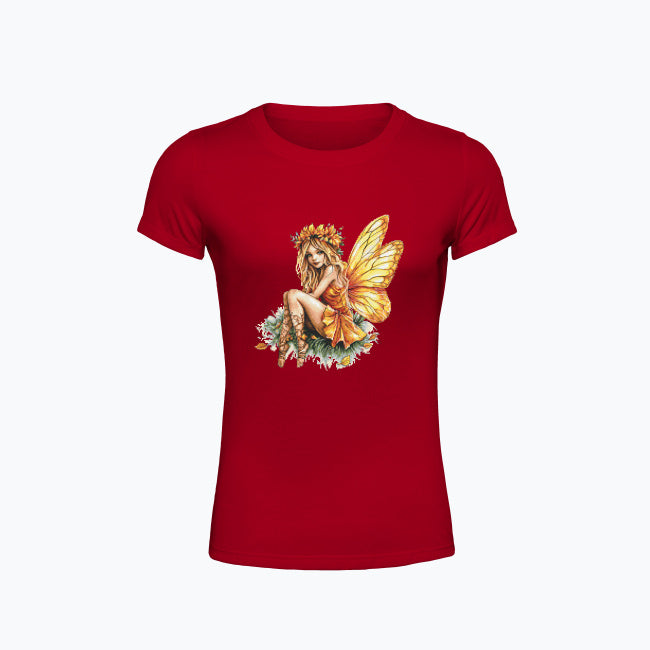 T-shirt damski z nadrukiem haftu - Pomarańczowa wróżka