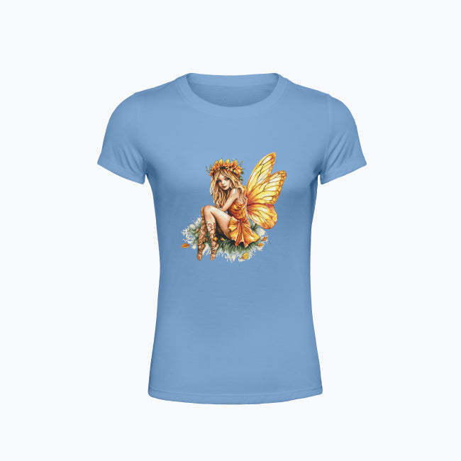 T-shirt damski z nadrukiem haftu - Pomarańczowa wróżka
